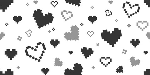 Poster - Geek pixel hearts seamless pattern. Pixel Black hearts on white background in retro video game style. Vector template