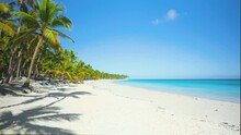 Early Morning On A Tropical Beach With Palm Trees On The Caribbean Coast. Sea Waves On A Wild Sandy Shore. The Best Place For Vacation. Travel And Summer Vacation Concept.