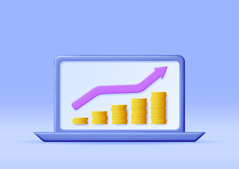 Poster - 3D Growth Stock Coin Chart and Arrow on Laptop Computer. Render Stock Arrow with Money on Monitor Shows Growth or Success. Financial Item, Business Investment. Money and Banking. Vector Illustration