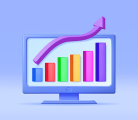 Poster - 3D Growth Stock Chart and Arrow on Desktop Computer. Render Stock Arrow with Money on Monitor Shows Growth or Success. Financial Item, Business Investment. Money and Banking. Vector Illustration