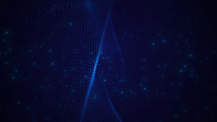 Poster - Abstract blue wave of dots and flying particles. Information cyberspace. Illustration of a network connection. The concept of big data. 3d rendering.