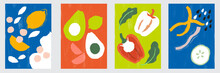 Vegetables In Bright Colors. Paper-cut Elements For Social Media, Postcards, And Print. Hand-drawn Lemon, Chickpea, Avocado, Lime, Bell Pepper, Spinach, Bell Pepper Strips, Seeds, Cucumber