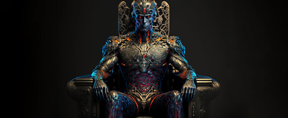 The King of Cyborg Artificial intelligence with throne and crown. Powerful of Kings. Robotic synthetic futuristic scifi. Generative AI.