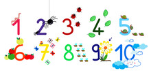 IIllustration Learn To Count While Having Fun Theme Nature, Insects And Animals, Primary School Deco White Background. From 1 To 10