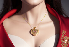 Close-up Of A Woman Wearing A Heart-shaped Golden Locket With Intricate Engravings And Filigree Work.  Perfect For Special Occasions Such As Valentine’s Day And Wedding Anniversary. Generative AI.