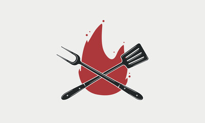 Wall Mural - BBQ logo concept. Logo of Barbecue, Grill with fire, grill fork and spatula icons. Label, badge for Steak House, barbecue. Vector illustration