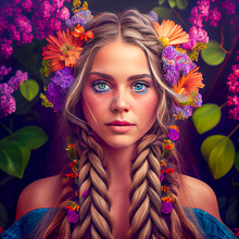 Close Up Portrait Of A Woman With Flowers In 1960's Style With Pigtails Created With Generative AI.