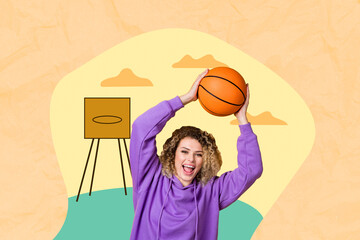 Sticker - Composite collage image of overjoyed cheerful girl arms hold basketball have good mood isolated on drawing background