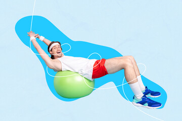 Sticker - Creative collage picture of excited cheerful guy exercise fit ball isolated on painted creative background