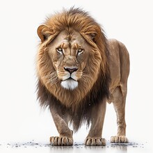  A Lion Standing On A White Surface With Its Head Turned To The Side And It's Eyes Open And It's Mane Curled Up And It's Head Is Looking To The Side.  Generative Ai