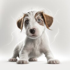  a puppy is sitting in front of a white background with a lightening effect of a dog's head and ears, and is looking at the camera with a sad expression of a.  generative ai