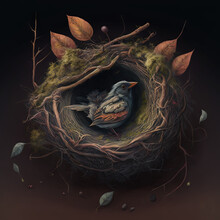  A Bird Sitting In A Nest With Leaves On It's Side And A Nest With A Bird In It's Nest, With Leaves On The Ground, And On The Ground, And In The Ground.  Generative Ai