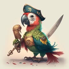  A Parrot With A Pirate Hat Holding A Sword And A Sword In Its Paws, With A Pirate Hat On Its Head And A Sword In Its Paws, On A White Background With A.  Generative Ai