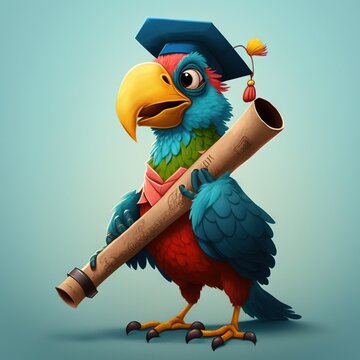  a colorful bird holding a baseball bat and wearing a graduation cap and gown with a tassel on its head and a rolled up scroll in its beak, on a blue background with a.  generative ai
