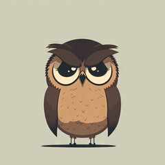  a brown owl with big eyes sitting on a branch with a gray background and a light gray background behind it, with a shadow of the owl's head and the eyes are slightly.  generative ai