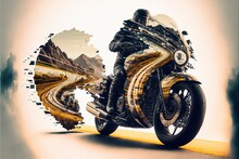  A Motorcycle With A Graphic Of A Mountain And Road On The Back Of It's Front Tire, With A Yellow Line Going Through The Middle Of The Front Tire And The Bike, And The Rear Tire.  Generative Ai