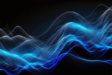 Poster - Abstract neon wave. Blue neon linear wave on black background. Modern abstract background. Generative AI