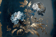 A Wallpaper Of A Rococo Blooms Flowers Dreamy Intricate Details Pastel Scheme Blue Gold  Tone Fantasy Fairytale Aesthetic Rococo Luxurious Style Background,generative Ai.