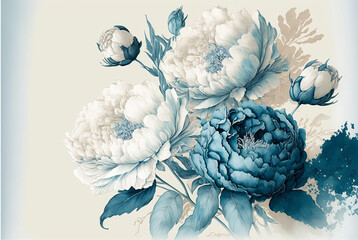 A wallpaper of a rococo blooms flowers dreamy intricate details pastel scheme blue gold  tone fantasy fairytale aesthetic rococo luxurious style background,generative ai.