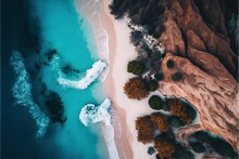  A Beach With A Body Of Water And Trees On It And A Cliff In The Background With A Blue Sky And Water Below It, And A Sandy Shore Line With Trees And A Few.  Generative Ai