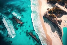  A Beach With A Body Of Water And A Sandy Shore With Trees On It And A Sandy Shore With A Few Rocks On It And A Few Sand Areas With A Few Trees On The Beach.  Generative Ai