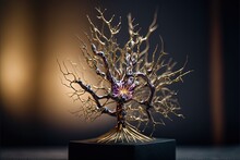  A Sculpture Of A Tree With Purple Flowers On It's Branches And A Light In The Background Behind It, On A Black Surface With A Black Surface With A Light And A Spot.  Generative Ai