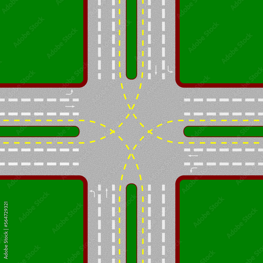 Vector graphic illustration of an aerial view of a four way traffic ...