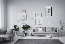 A Mockup Of An Empty Picture Frame On A Gray Wall In A White Living Room With A Modern Scandinavian Design, Depicting An Art Display As Part Of A Home Staging And Minimalism Concept. Clean Sharp Edges