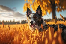  A Dog Laying In A Field Of Tall Grass With A Tree In The Background And A Sky With Clouds In The Background, With A Dog Looking At The Camera, With, Ears,.  Generative Ai
