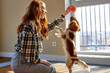 © Roman - Portrait of beautiful young redhead female in casual wear with dog playing with toys at home, indoors, sitting on floor. Cute puppy with owner. Adorable King Charles spaniel breed. people and animals