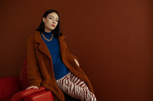 Fashionable Confident Woman Wearing Trendy Blue Turtleneck, Brown Faux Fur Coat, Chunky Chain, Trousers With Zebra Print. Studio Fashion Portrait. Copy, Empty Space For Text