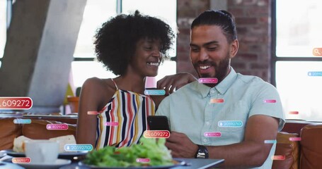 Poster - Animation of social media emoji icons over diverse couple