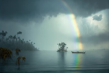  a boat is in the water with a rainbow in the sky above it and a boat in the water with a rainbow in the sky above it and a boat in the water with palm trees.  generative ai