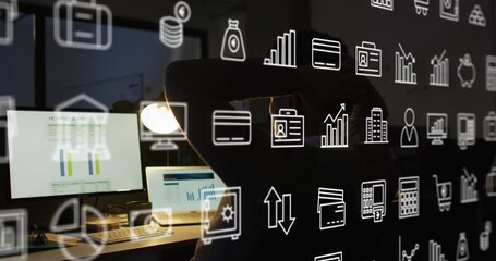 Poster - Animation of data processing over biracial businessman working in office
