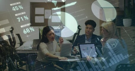 Poster - Animation of data processing over diverse business people working in office