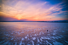 Aerial Photo Of Sunset On A Frozen Lake Monona, Madison, WI.