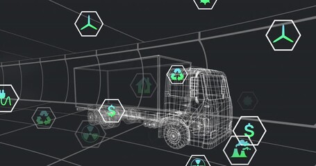 Poster - Animation of multiple digital icons over 3d truck model in seamless pattern on black background