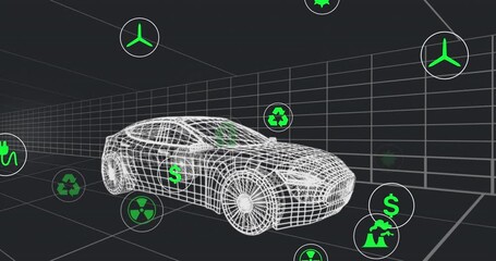 Poster - Animation of multiple digital icons over 3d car model moving in seamless pattern on black background