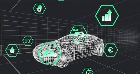 Poster - Animation of multiple digital icons over 3d car model moving in seamless pattern on black background