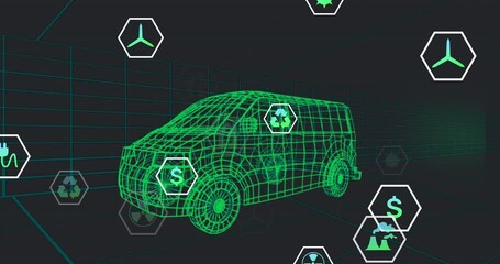 Poster - Animation of multiple digital icons over 3d van model moving in seamless pattern on black background