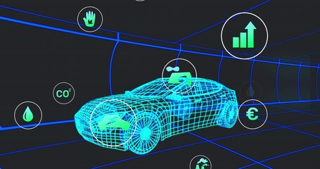 Poster - Animation of digital icons over 3d car model moving in seamless pattern against black background