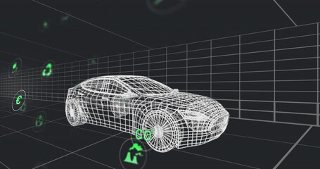 Poster - Animation of digital icons over 3d car model moving in seamless pattern against black background