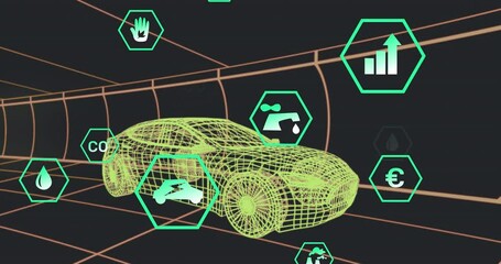 Poster - Animation of multiple digital icons over 3d car model moving in seamless pattern on black background