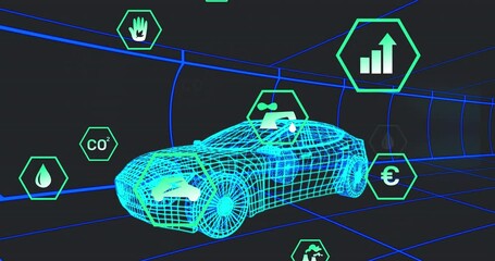 Poster - Animation of multiple digital icons over 3d car model moving in seamless pattern on black background