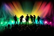 Konzert Illustration mit bunten Lichtern und Silhouetten. Rockband auf der Bühne und Zuschauer am Feiern - Musik Event Emotionen im Licht - Hintergrund