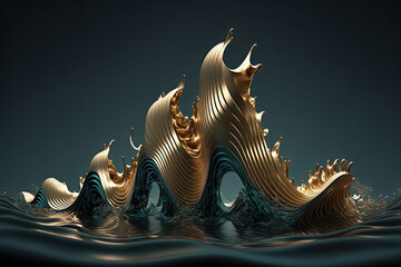 Abstract fluid background in dark blue and gold colors. Dynamic liquid backdrop. Generative AI