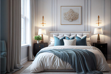 Modern and luxurious master bedroom | Interior design of a bed room | Beautiful and modern bed with pillows and blankets | Generative Ai | Photorealism | Indoor décor