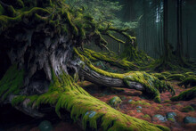 Grey Forest Floor With Large Fallen Tree Covered In Moss