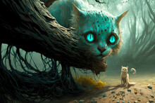 Big Fallen Tree And Small Animal With Turquoise Eyes On Branch