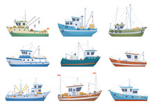 Fishing Nautical Ships. Cartoon Seafood Industry Boats, Fishermen Shipping Trawlers, Commercial Fishing Ships Flat Vector Illustration Set On White Background